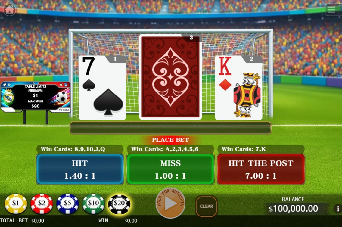 The main game screen of Dragon Gate Poker, showing the soccer goal, betting chips, and table limits before a round begins.
