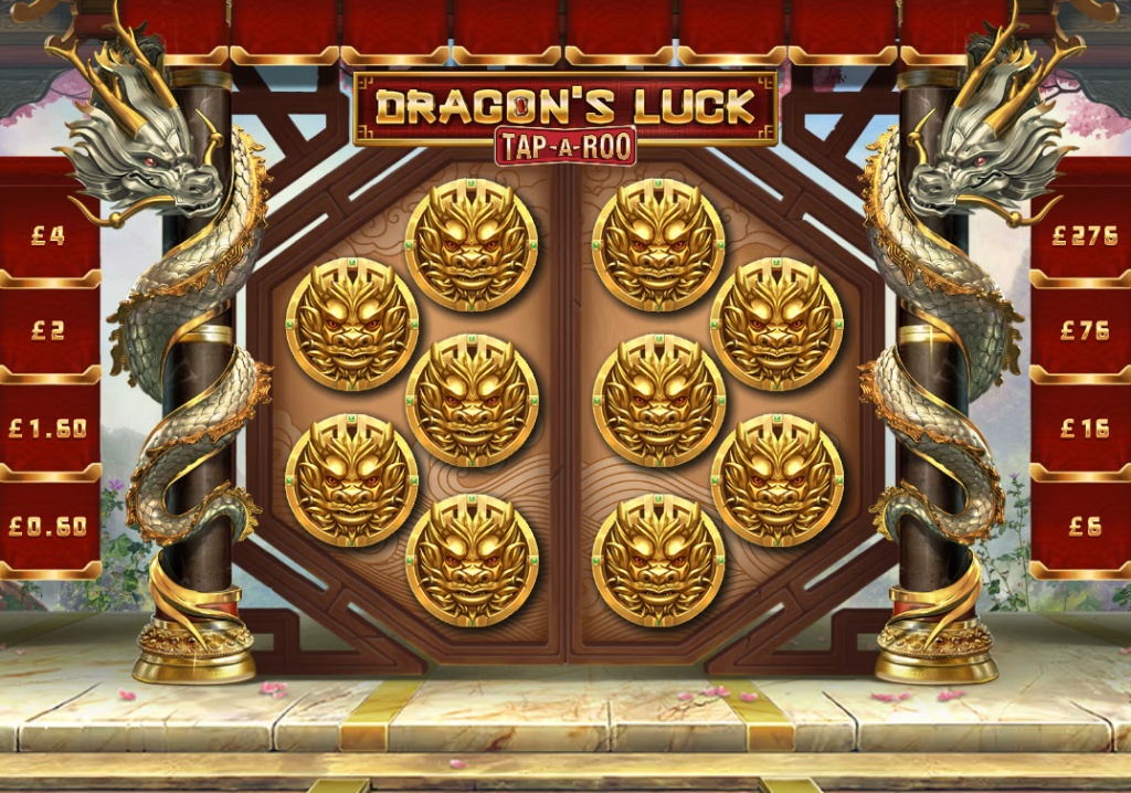 The main game screen of Dragon's Luck Tap-A-Roo, showing the 10 golden dragon coins ready for the player to tap.