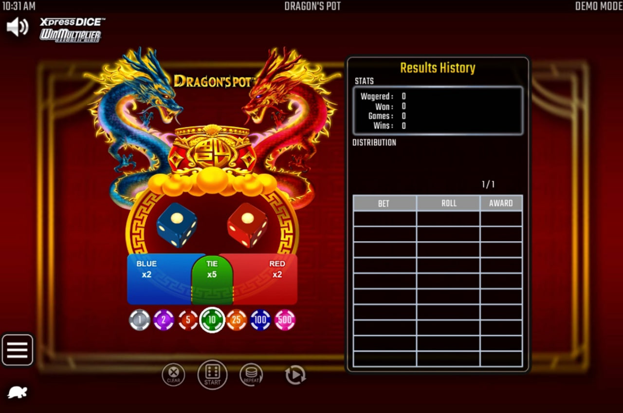 The main game screen of Dragon's Pot, showing the red and blue dragons facing off over the betting area before a bet is placed.