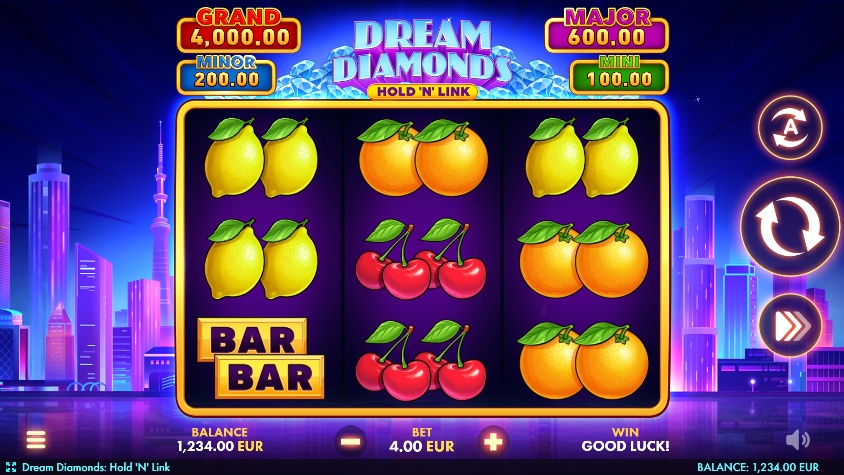 The 3x3 reel layout of the Dream Diamonds: Hold 'N' Link slot, showing classic fruit symbols during base game play.