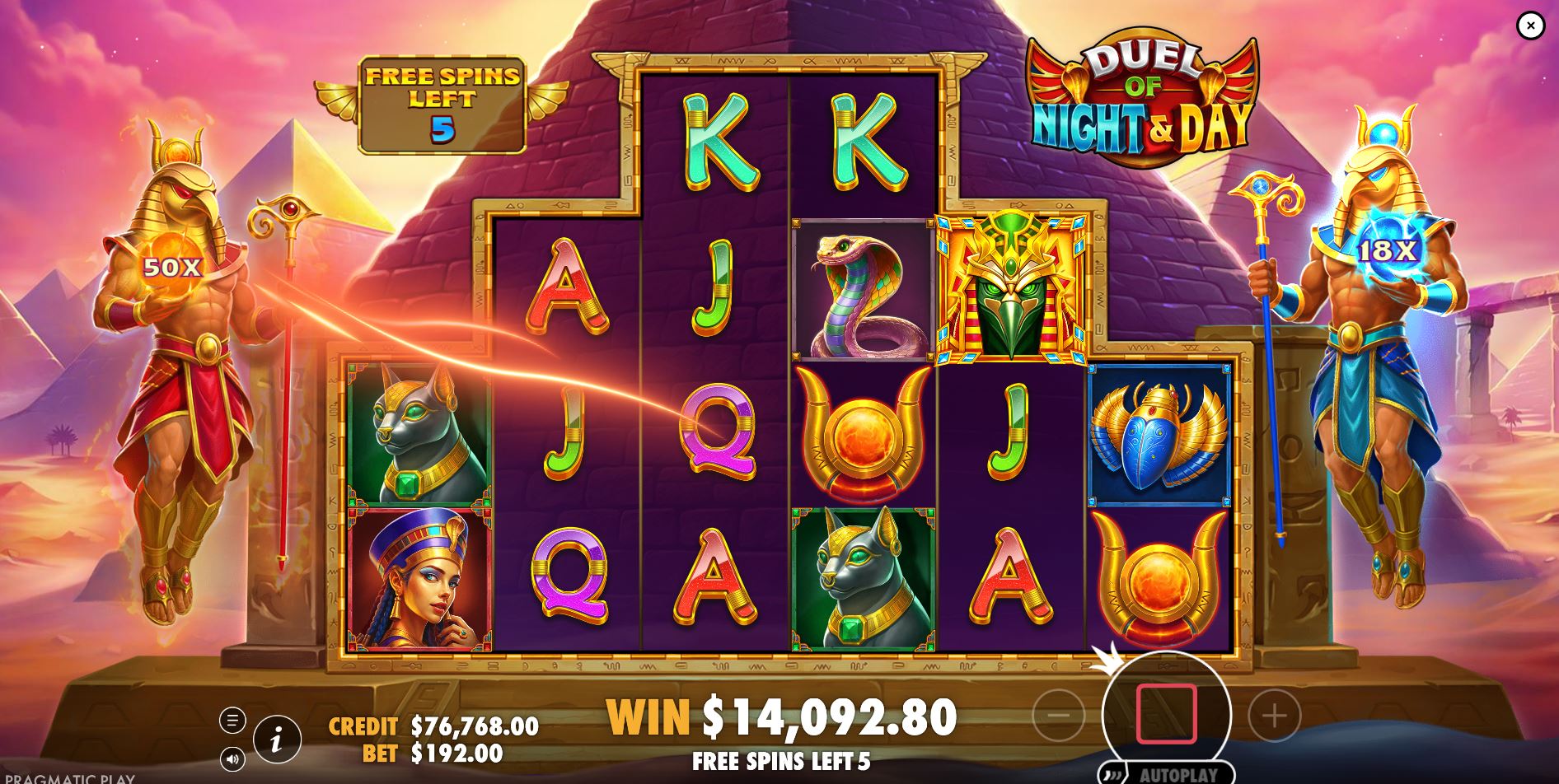 An intense moment during the Duel of Night & Day free spins, with the Sun and Moon multiplier meters showing high values over 50x each.