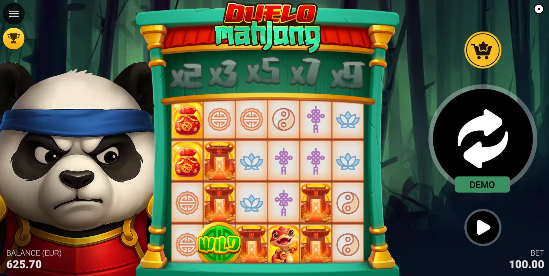 The 6x4 game grid of the Duelo Mahjong slot, featuring the panda warrior mascot and the initial multiplier display.