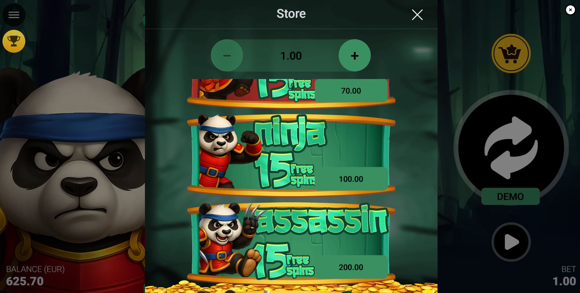 The Bonus Buy store in the Duelo Mahjong demo, displaying the Ninja, Assassin, and Sensei free spins options and their costs.