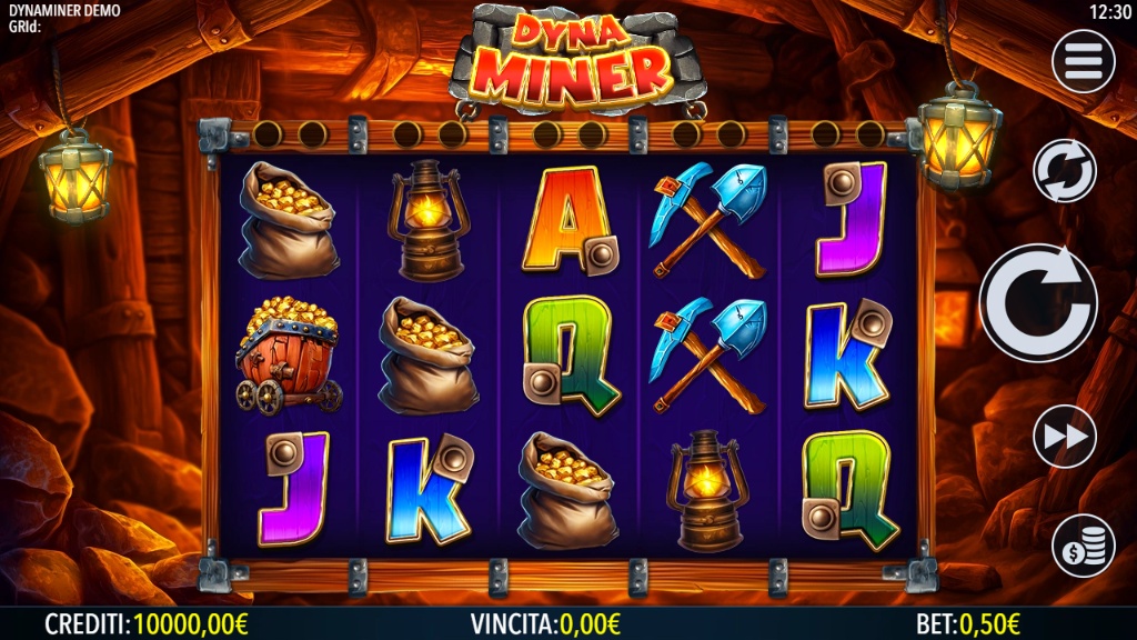 The 5x3 reel layout of the DynaMiner slot, showing the mining-themed symbols and the player interface during standard gameplay.
