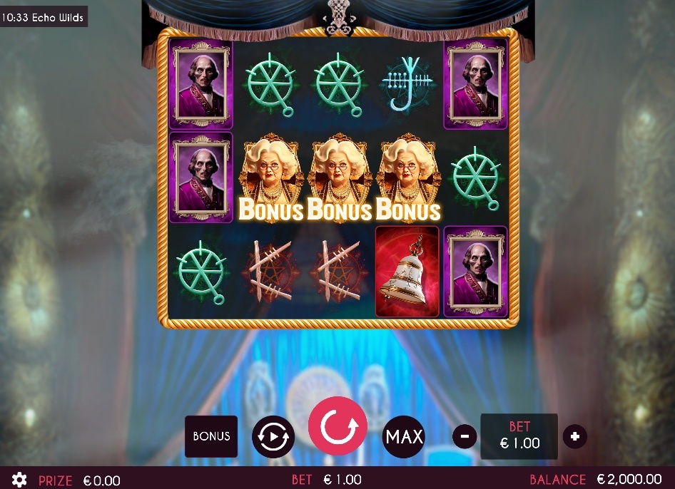 The 5x3 reel layout of the Echo Wilds slot, showcasing the gothic-themed character and object symbols in the base game.