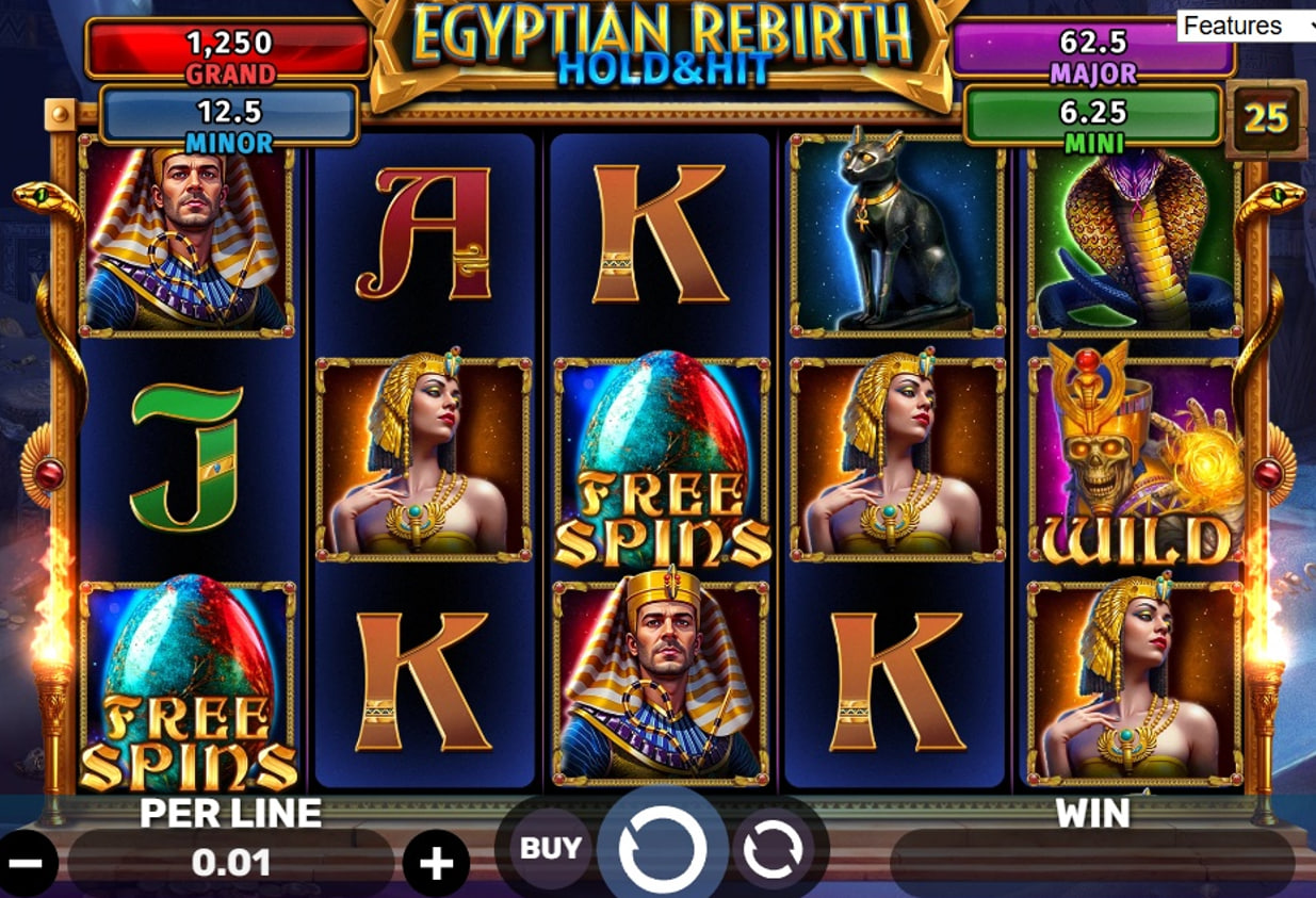 The 5x3 reel layout of the Egyptian Rebirth slot, showcasing the game's main symbols and user interface during base gameplay.
