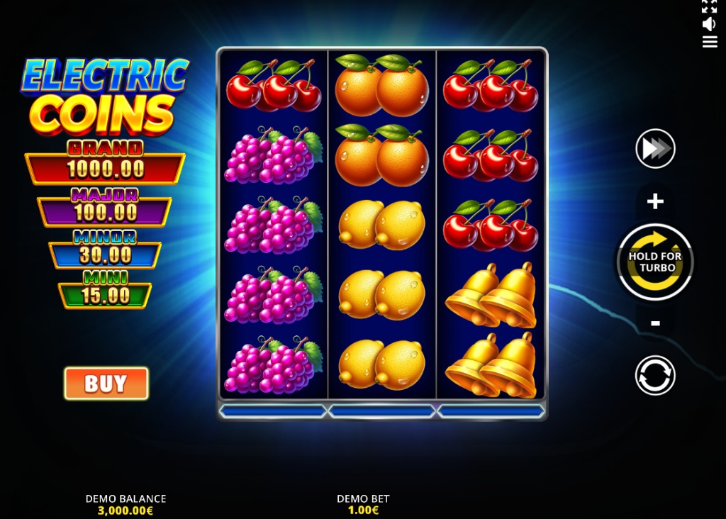 The 5x4 reel layout of the Electric Coins slot demo, showcasing classic fruit symbols and prominent jackpot values.