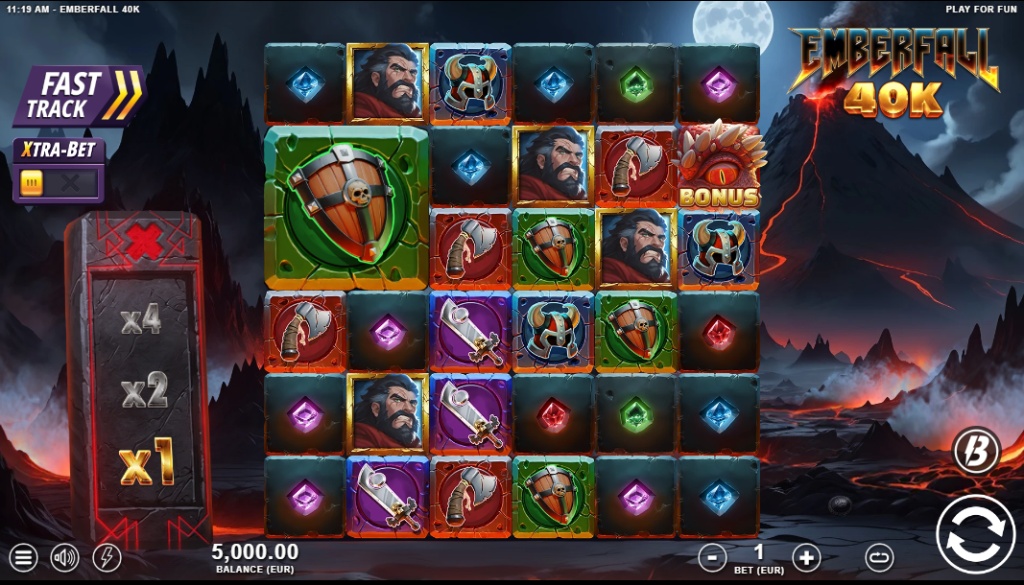 The 6x6 game grid of the Emberfall 40K slot, showing the starting x1 multiplier and fantasy-themed symbols.