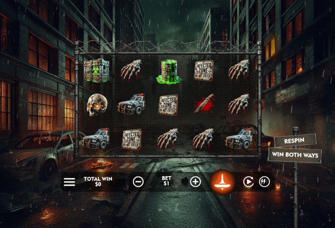 The main 5x3 game grid of End of Us - Zombie Respin, set in a dark, rain-soaked apocalyptic city.