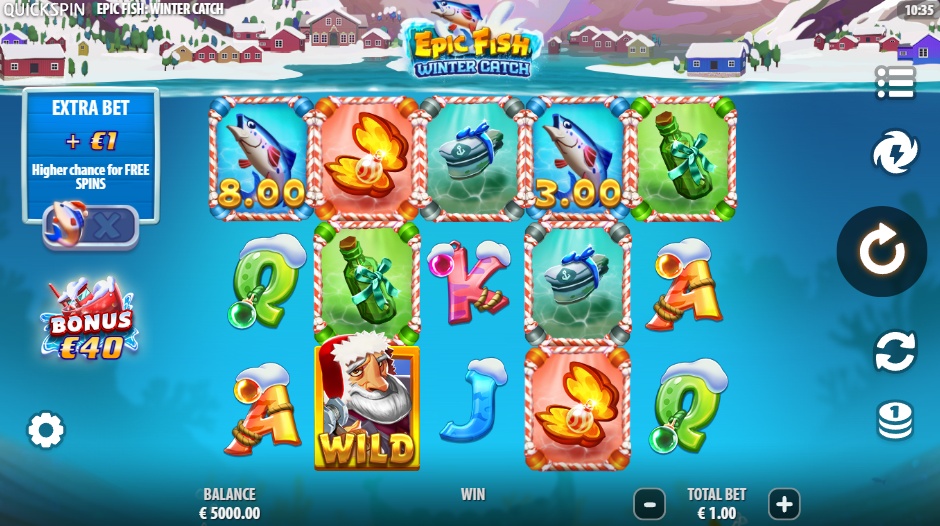 The 5x3 game grid of the Epic Fish: Winter Catch slot, set against a frozen winter landscape.