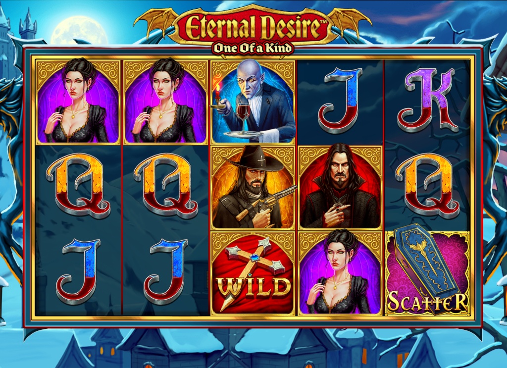 Base game screen of the Eternal Desire slot demo showing the 5x3 reel layout and vampire symbols.