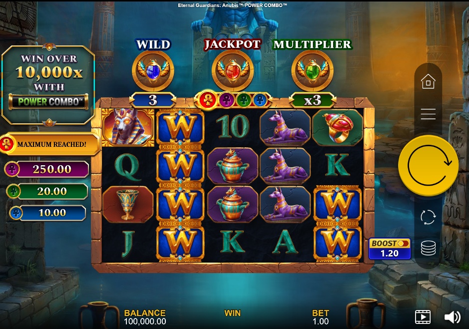 The base game grid of Eternal Guardians Anubis Power Combo slot with Egyptian symbols and Power Combo meters visible.