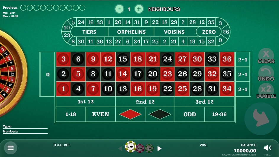 The main betting layout and wheel of the European Roulette demo game by Mascot Gaming, showing inside and outside bet options.