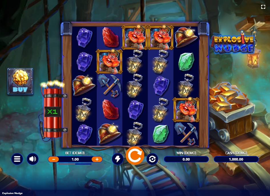 The base game grid of the Explosive Nudge slot, showing the 5x4 reel layout and mining theme.
