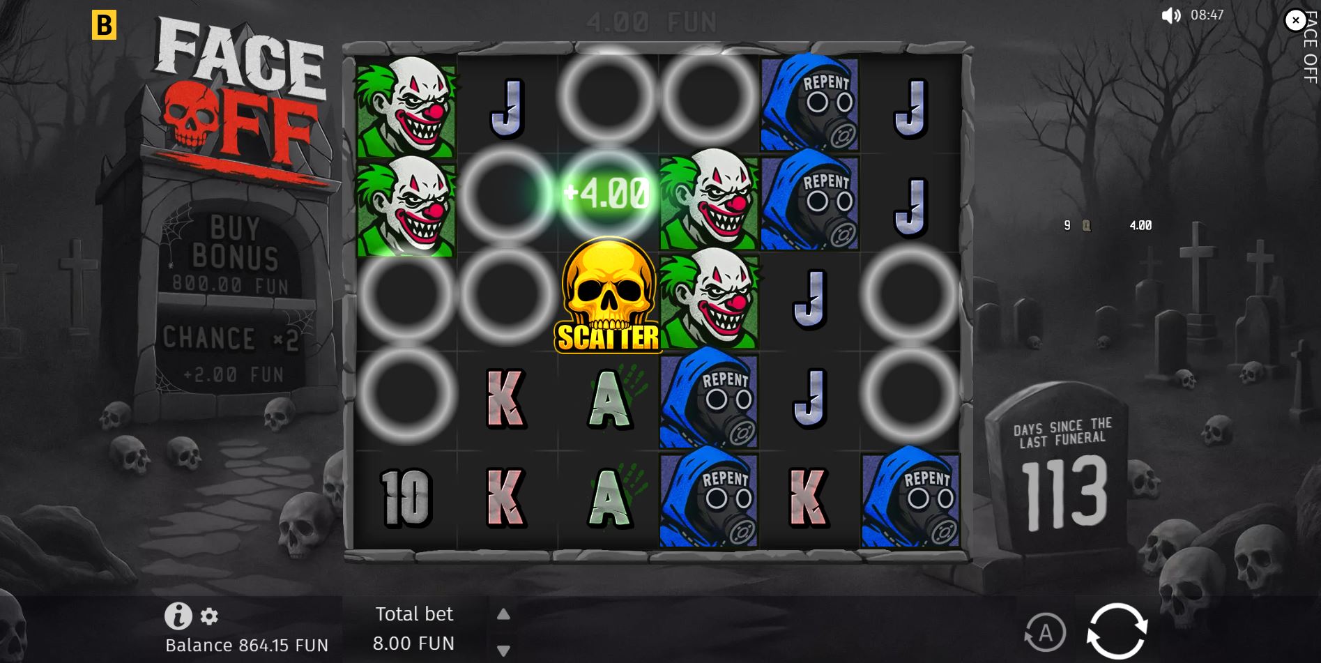 The Refilling Reels feature in action in the Face Off slot, with new symbols cascading down after a winning combination.