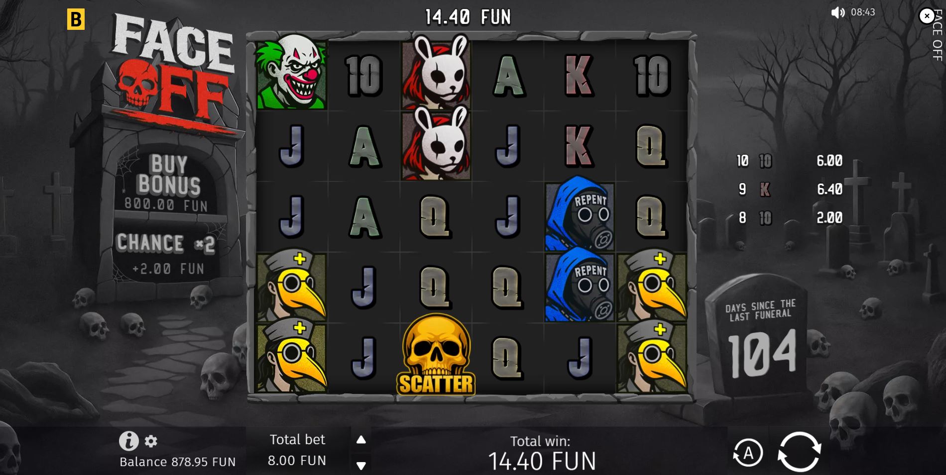 The base game grid of the Face Off slot by BGaming, showcasing the 5x5 reel layout and horror-themed symbols.