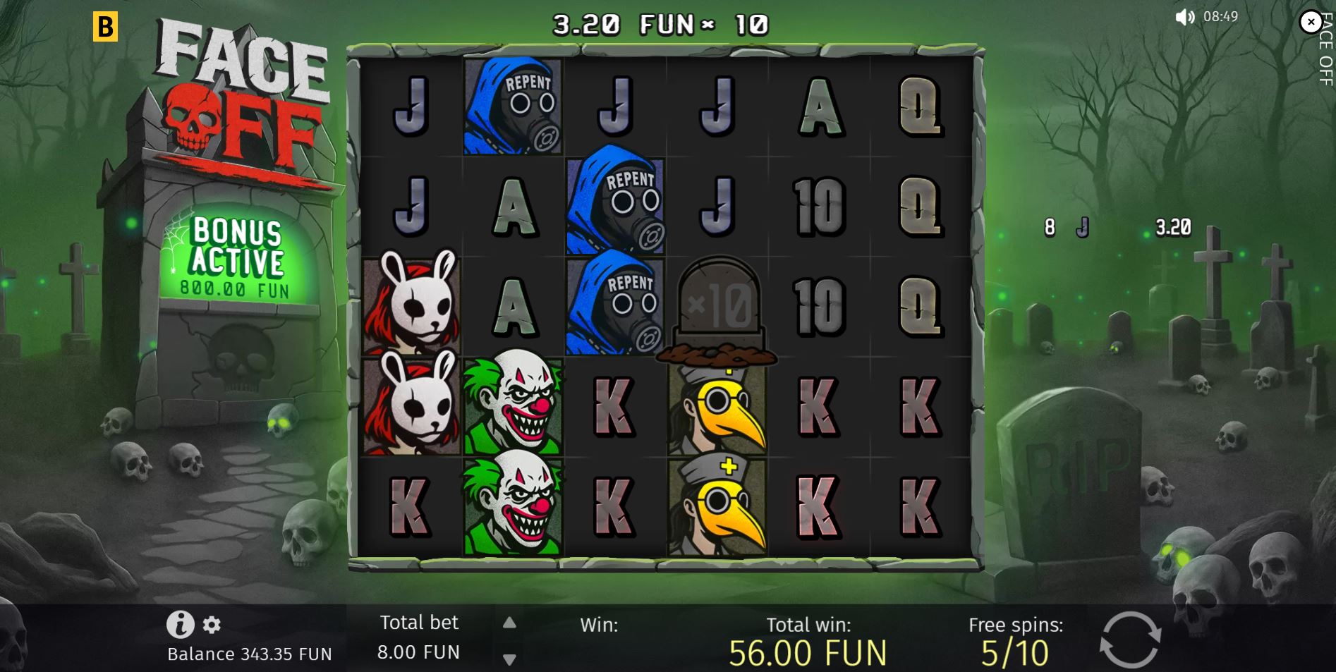 A winning spin during the Face Off Free Spins round, featuring active Tombstone Multiplier symbols on the grid.