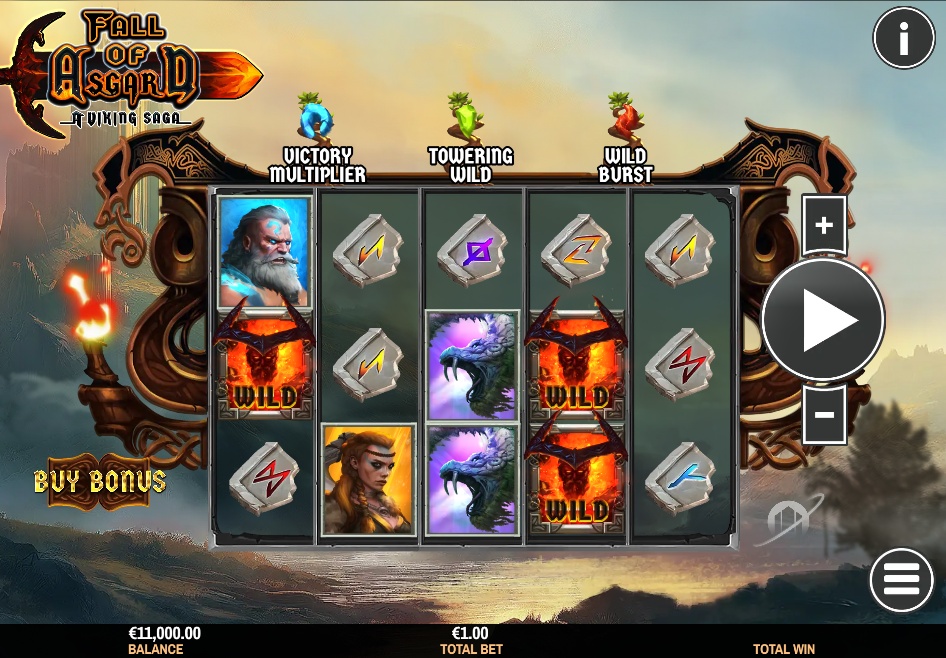 Payout information for the high-value character and Wild symbols in the Fall of Asgard game, detailing their value for a five-of-a-kind win.