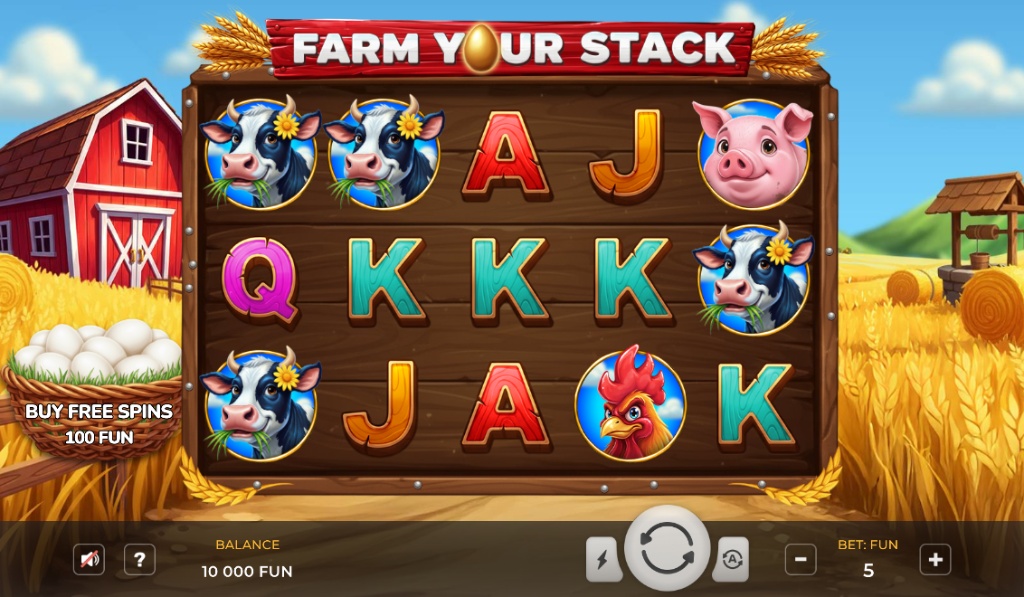 The main 5x3 game grid of the Farm Your Stack slot, showing the farm animal symbols and the sunny countryside background.
