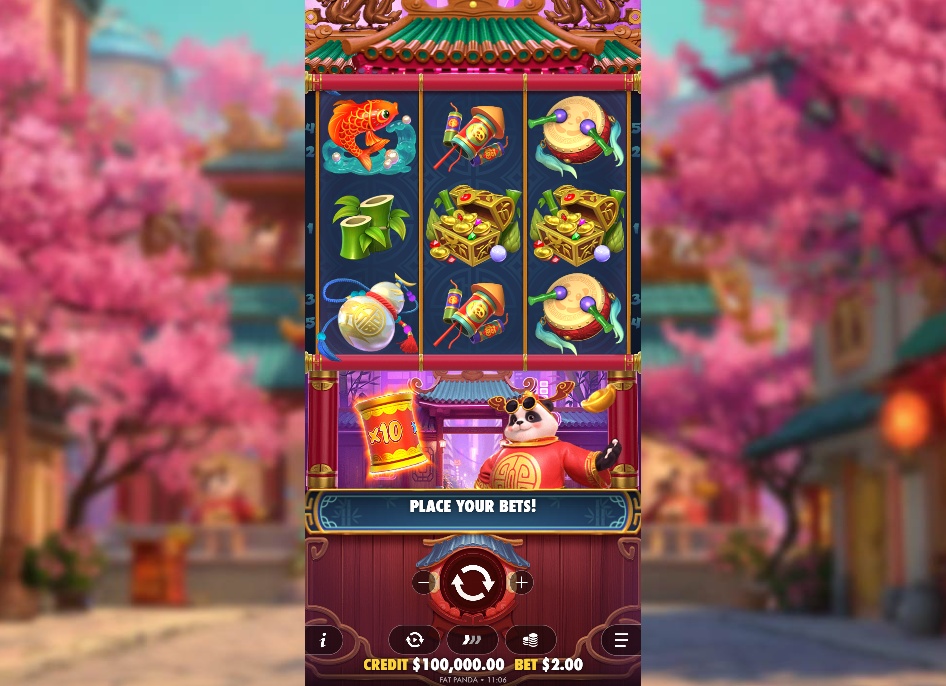 The main 5x3 game grid of the Lucky Panda slot, showing the Asian-themed symbols and the Fat Panda character.