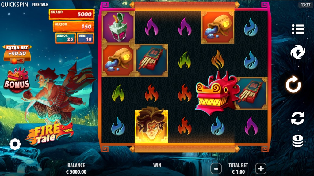 The main 5x4 game grid of the Fire Tale slot, showing the protagonist character on the left and various flame and item symbols on the reels.