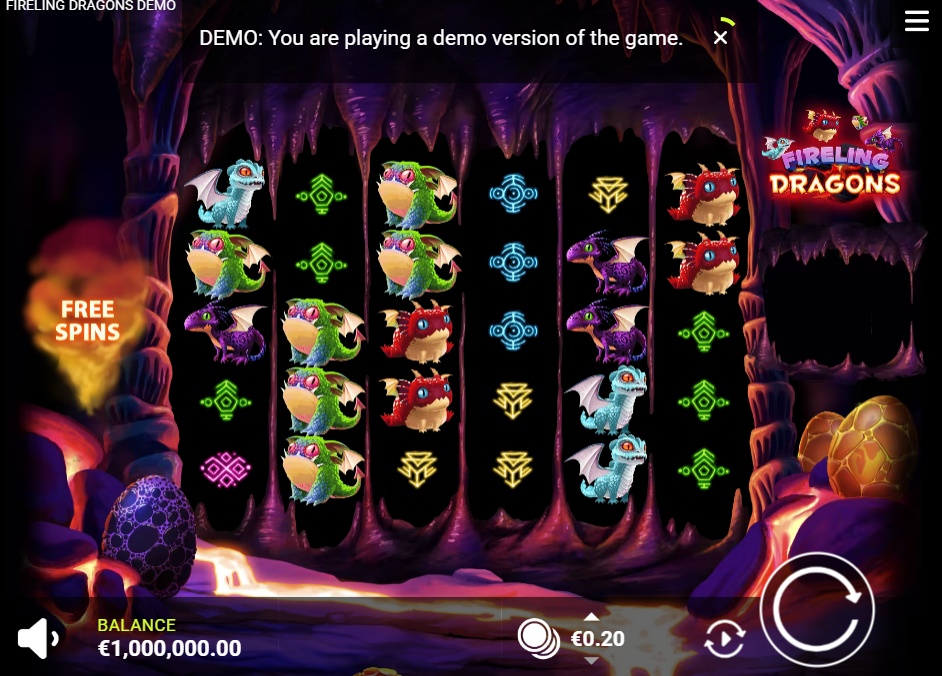 Fireling Dragons slot base game view with 5x4 reel grid and dragon symbols