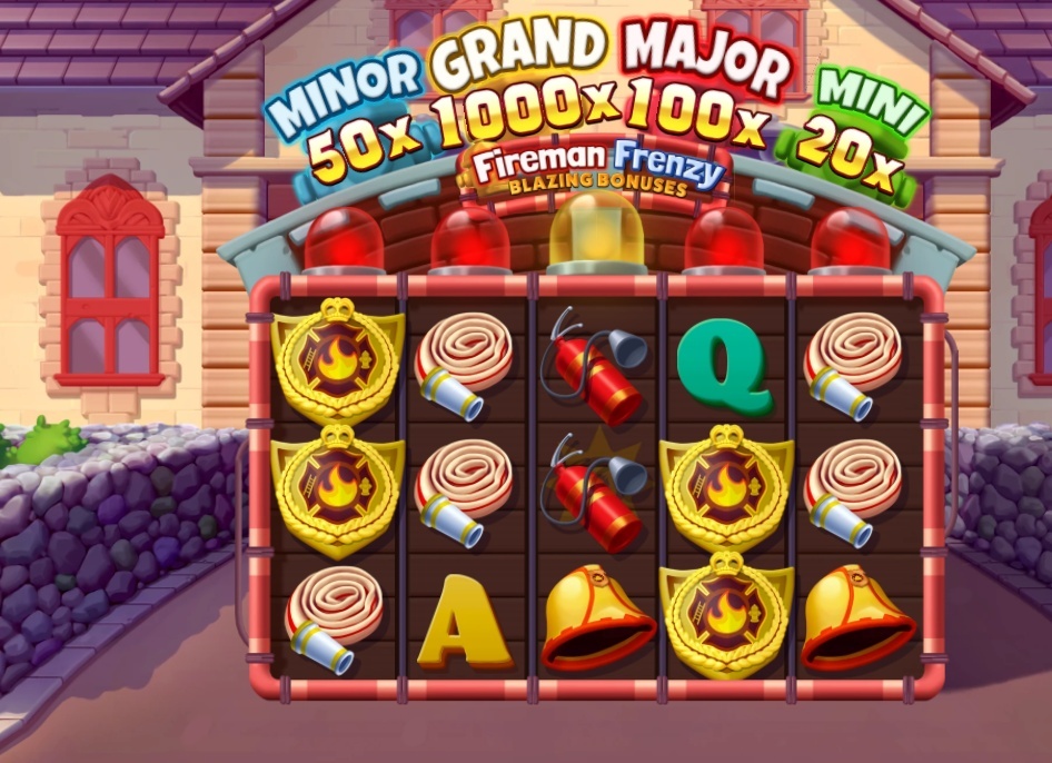 The 5x4 main game grid of the Fireman Frenzy: Blazing Bonuses slot, showing the firehouse theme and jackpots.