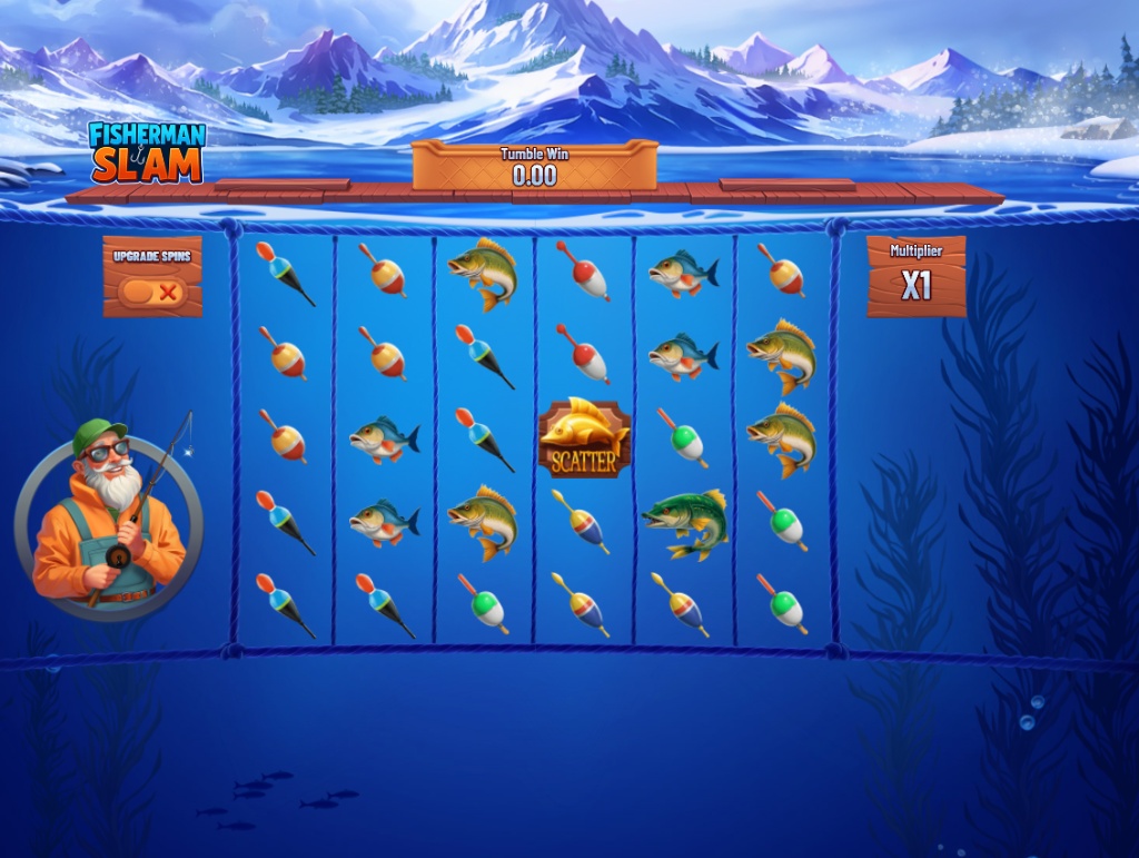 The 6x5 grid of the Fisherman Slam slot in base game mode, showing various fish and bobber symbols against an underwater backdrop.