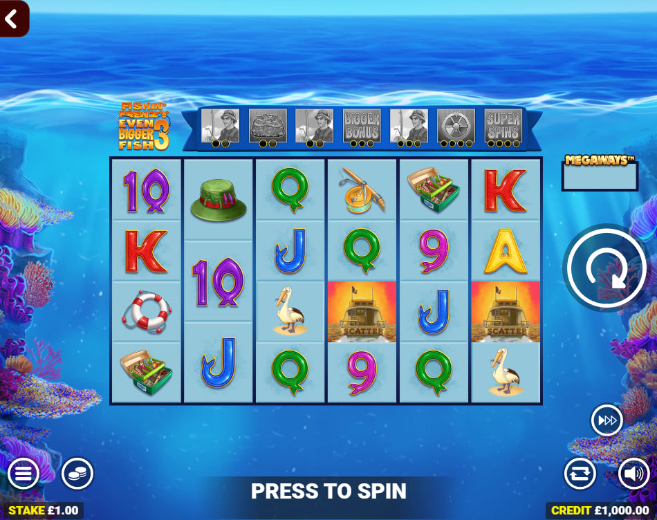 A screenshot of the base game of the Fishin' Frenzy Even Bigger Fish 3 slot, showing the 6x4 reel layout and various aquatic-themed symbols.