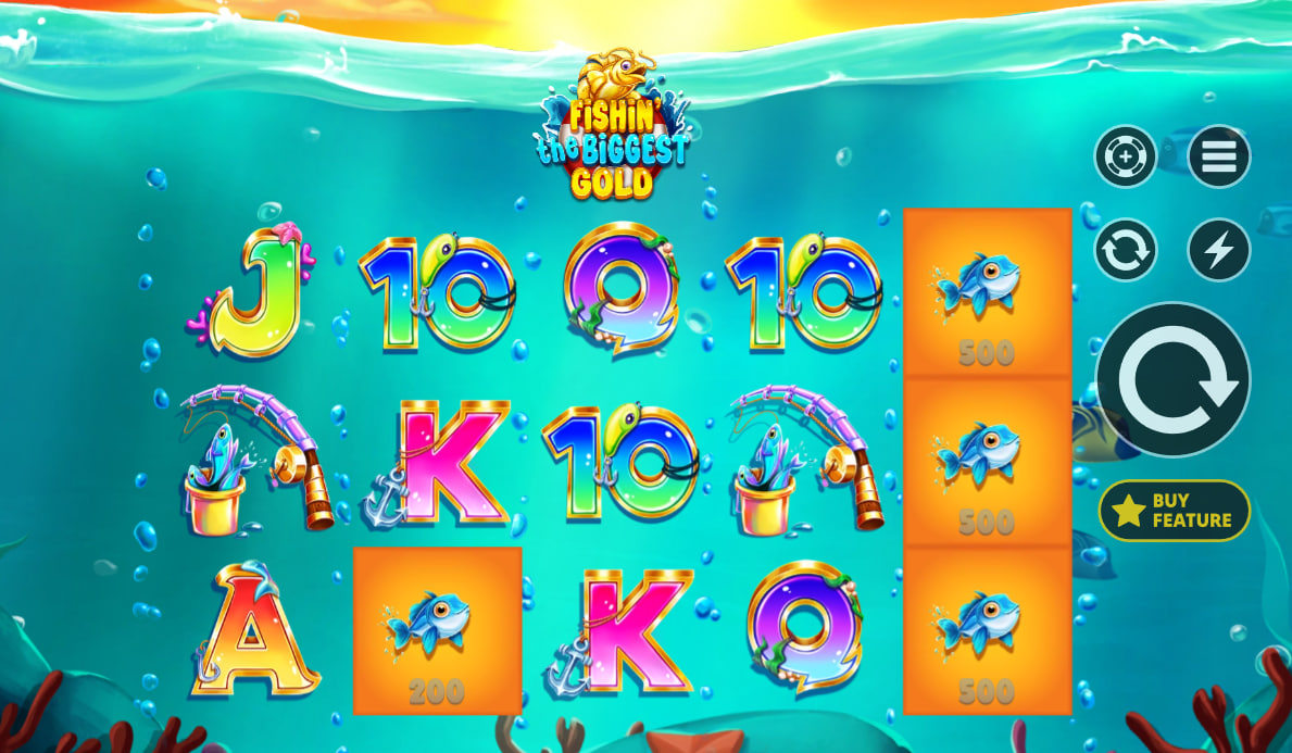 The main screen of the Fishin' the Biggest Gold slot game showing the 5x3 reel setup with various thematic symbols.