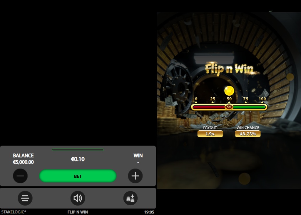 The main game interface of Flip n Win demo, showing the bank vault theme and the central probability slider set to a balanced win chance.