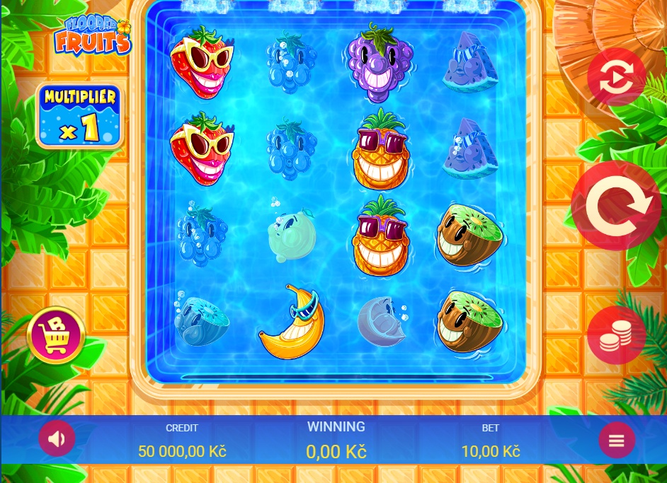 The main 4x4 game grid of the Flooded Fruits slot, showing various fruit symbols ready for a spin in the demo version.