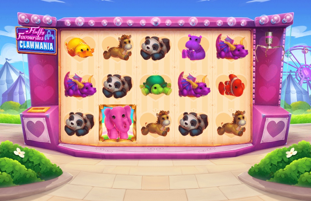 The main 5x3 game grid of Fluffy Favourites Clawmania, showcasing the charming stuffed animal symbols against a fairground backdrop.