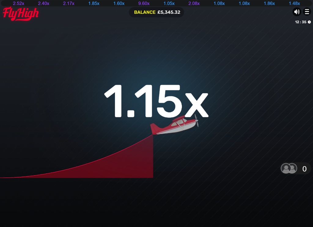 The main game screen of the Fly High crash game, showing the dual bet panels and recent multiplier history before takeoff.
