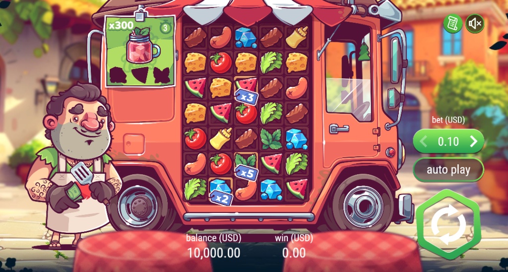The main 5x6 game grid of the Food Truck slot, showing the chef mascot and an active x300 order.
