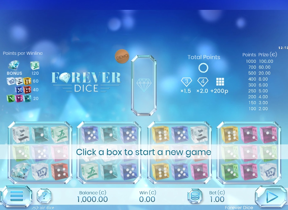 The main game screen of the Forever Dice slot, showing four empty 3x3 grids ready for a new round.