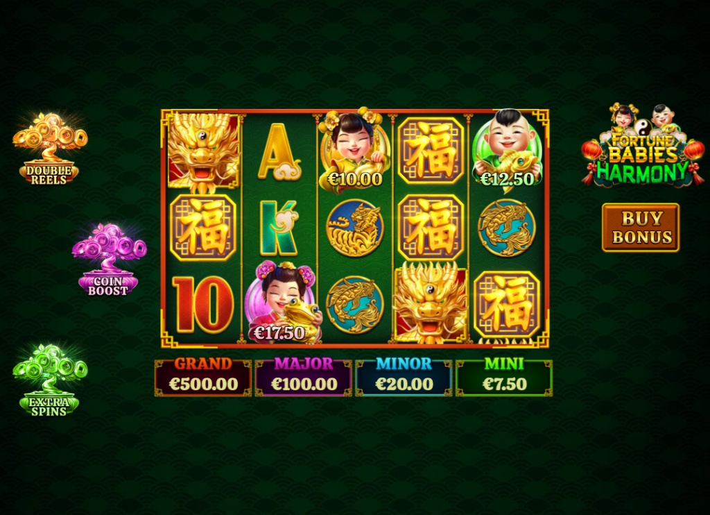 Fortune Babies Harmony slot base game view showing the 5x3 grid and the three bonus feature trees on the left.