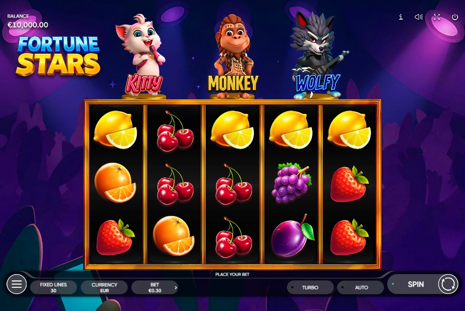 The 5x3 reel layout of the Fortune Stars slot, showing the three main characters above the reels and fruit symbols on the grid.