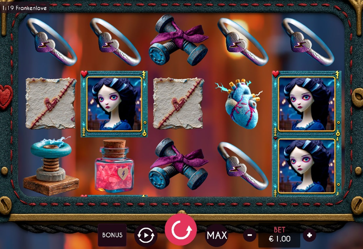 The base game grid of the Frankenlove slot, showing the 5x3 layout and gothic-themed symbols.