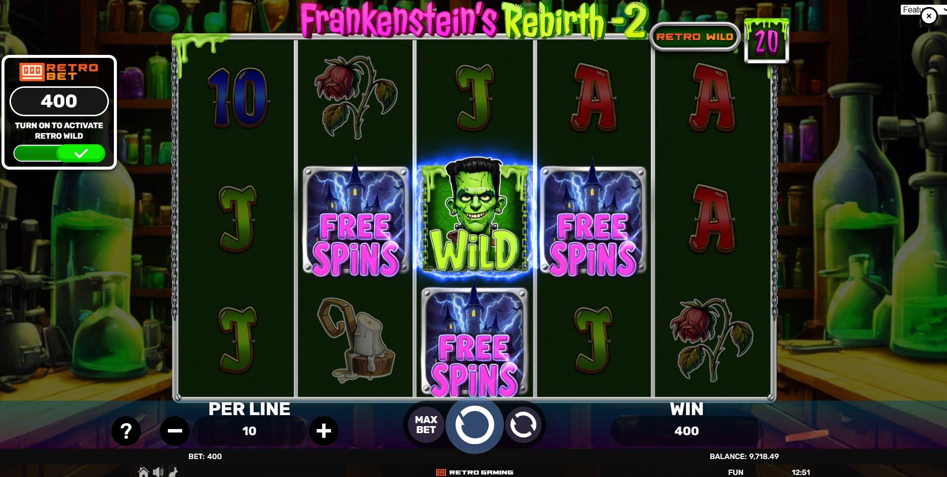 The free spins bonus round being triggered in Frankenstein's Rebirth 2, with three scatter symbols visible on the reels.