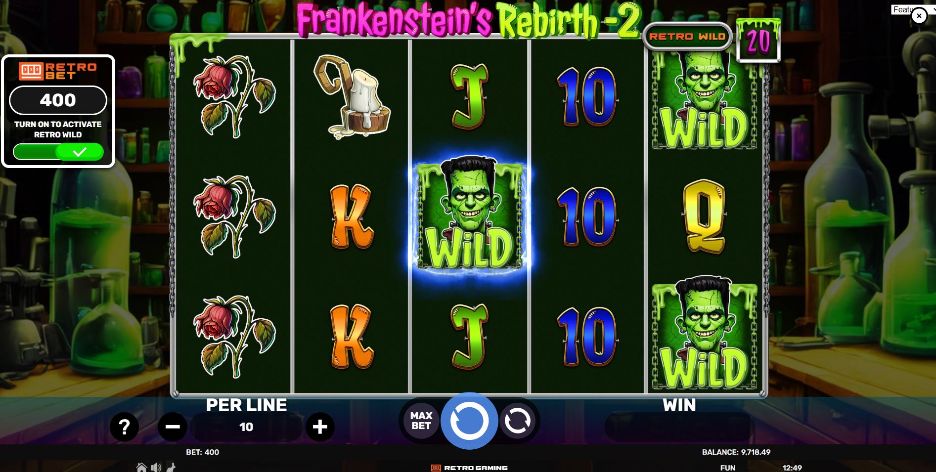 Alt текст: Frankenstein's Rebirth 2 slot gameplay with the Retro Bet activated, displaying the guaranteed Sticky Wild in the center reel.