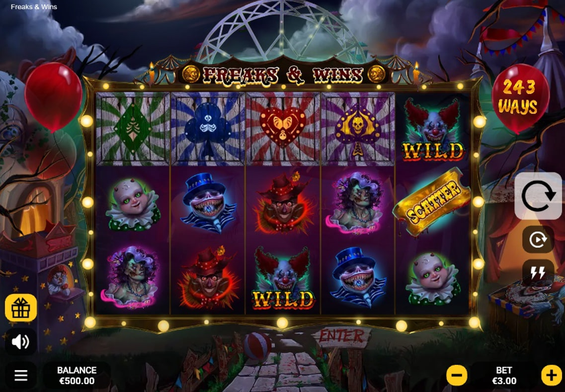 The 5x3 game grid of the Freaks & Wins slot, showcasing the dark circus theme and various freak character symbols during base gameplay.