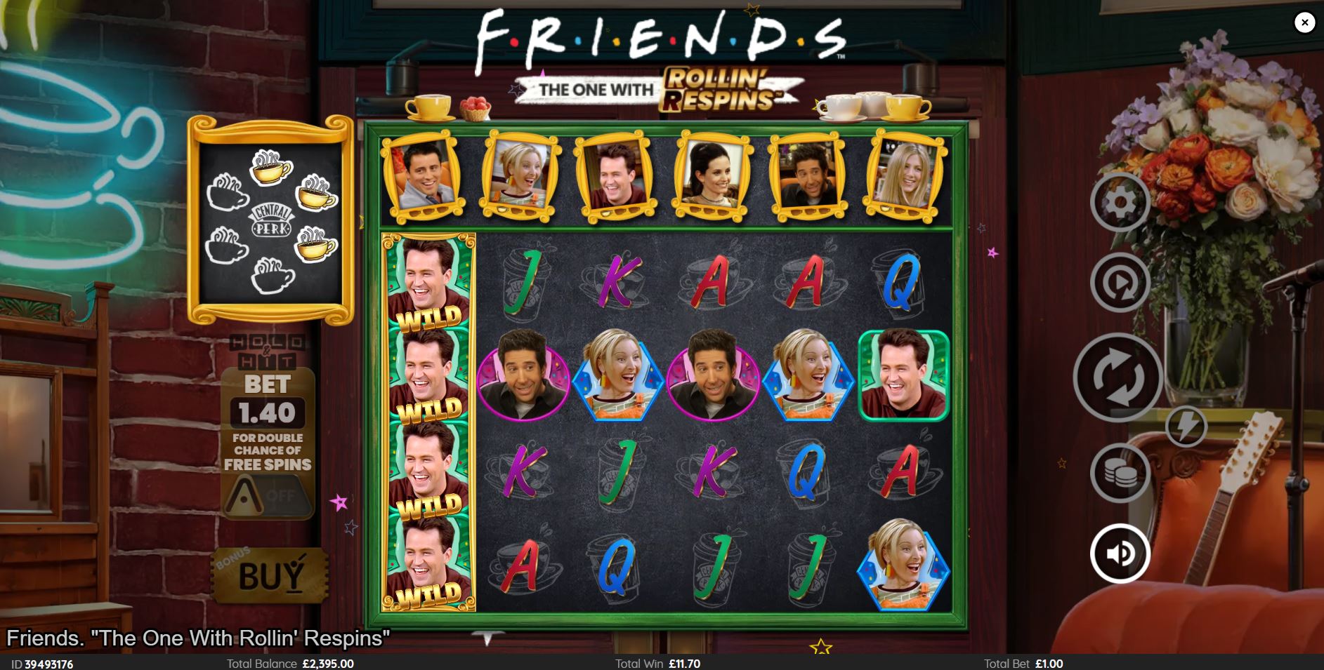 The Rollin' Respins feature active on the Friends slot, with a Chandler walking wild reel and a multiplier ready to create wins.