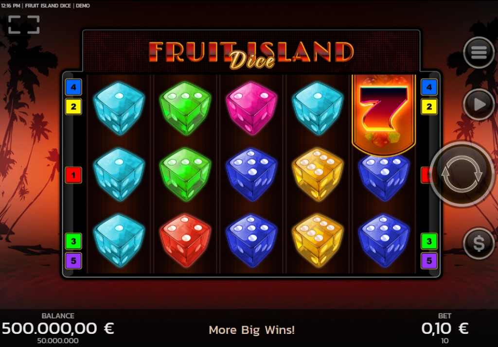 The main 5x3 game grid of the Fruit Island Dice slot, showing the colorful dice symbols against a tropical island background.