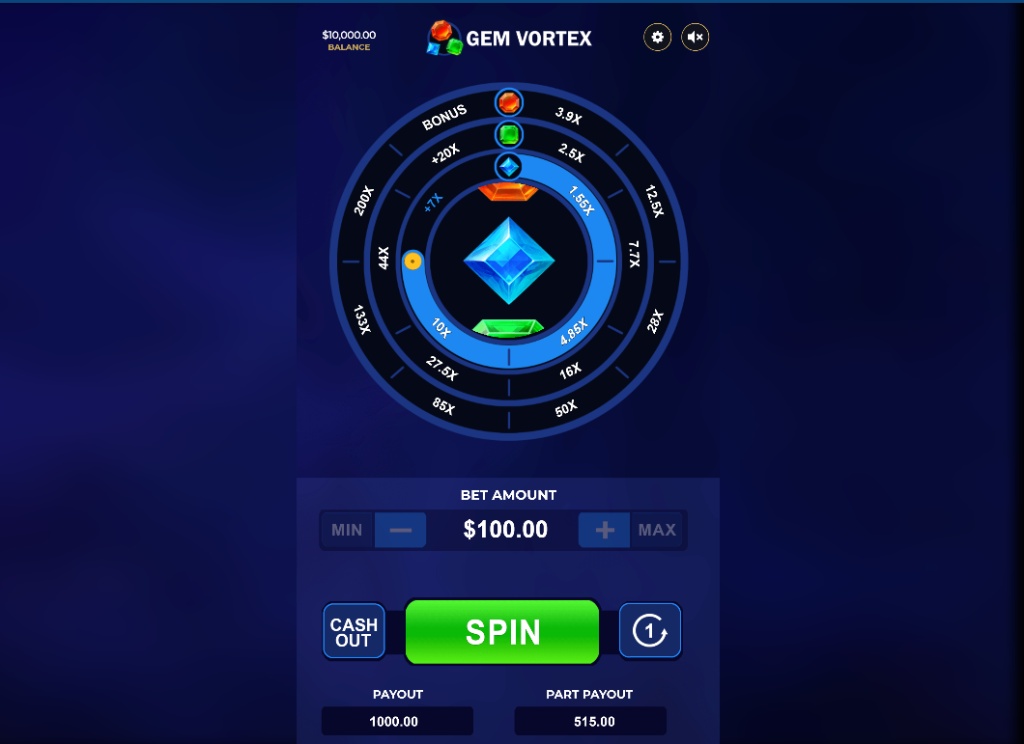 The main game screen of the Gem Vortex slot, showing the three empty multiplier rings and the central spin mechanism.