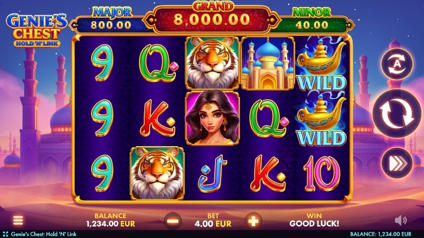 The 5x3 reel layout of the Genie's Chest slot, displaying Arabian-themed symbols during base game play.