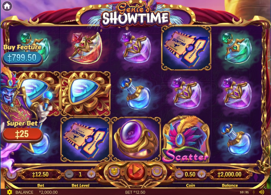 The main 5x3 game grid of the Genie's Showtime slot, displaying the magical symbols and the charismatic genie character.