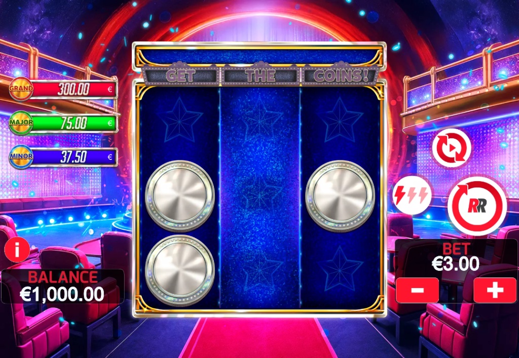 The base game screen of the Get The Coins! slot, showing the 3x3 grid and jackpot values.