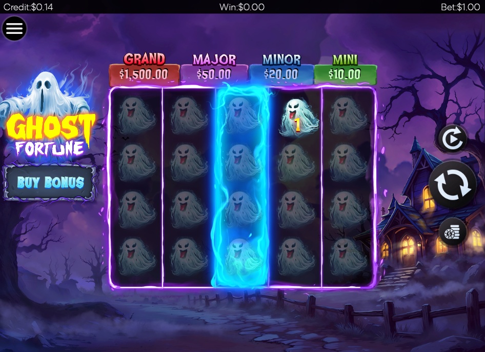 The base game screen of the Ghost Fortune slot, showcasing the 5x4 grid and sticky ghost symbols awaiting the bonus trigger.