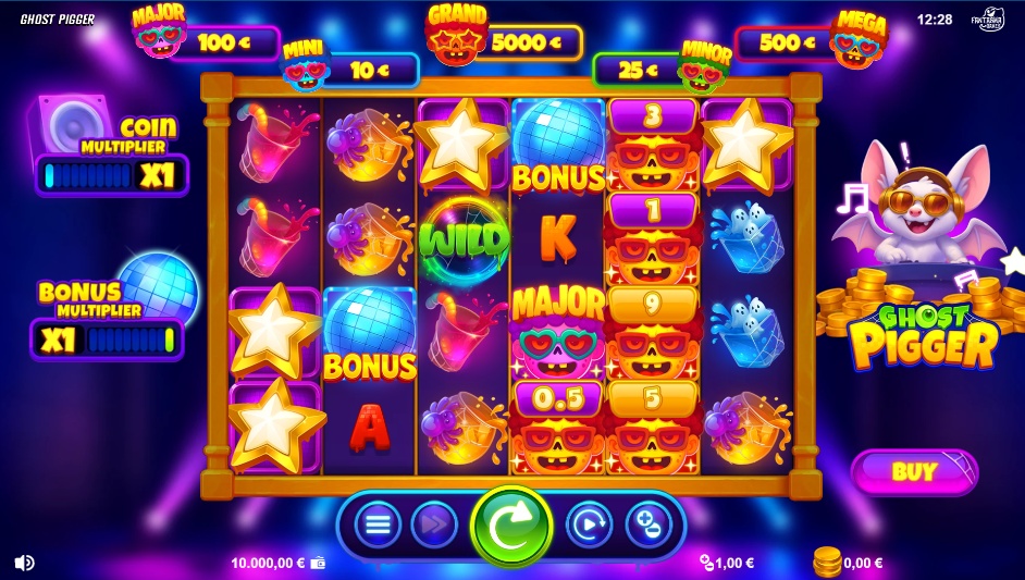 The 6x4 reel grid of the Ghost Pigger slot demo, showcasing the neon zombie pig symbols and the disco party background.